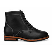 Side profile of the Manila Plain Toe Boot in black leather on white background