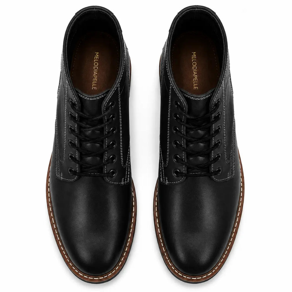 Melodiapelle Manila Plain Toe Boot in black leather, pair top-down view, handcrafted in Agra