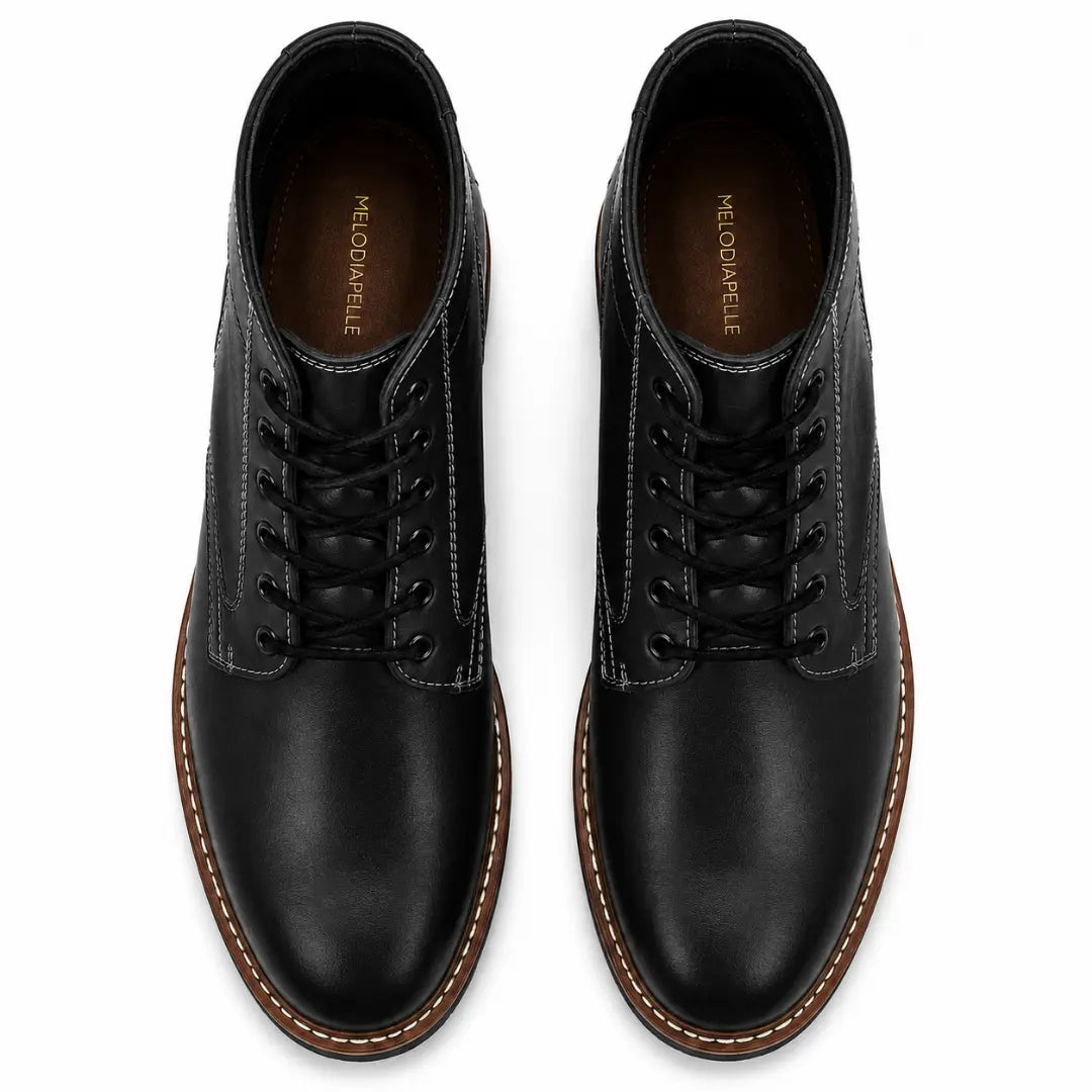 Melodiapelle Manila Plain Toe Boot in black leather, pair top-down view, handcrafted in Agra
