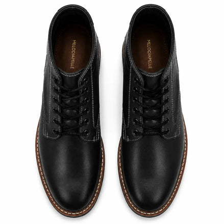 Melodiapelle Manila Plain Toe Boot in black leather, pair top-down view, handcrafted in Agra