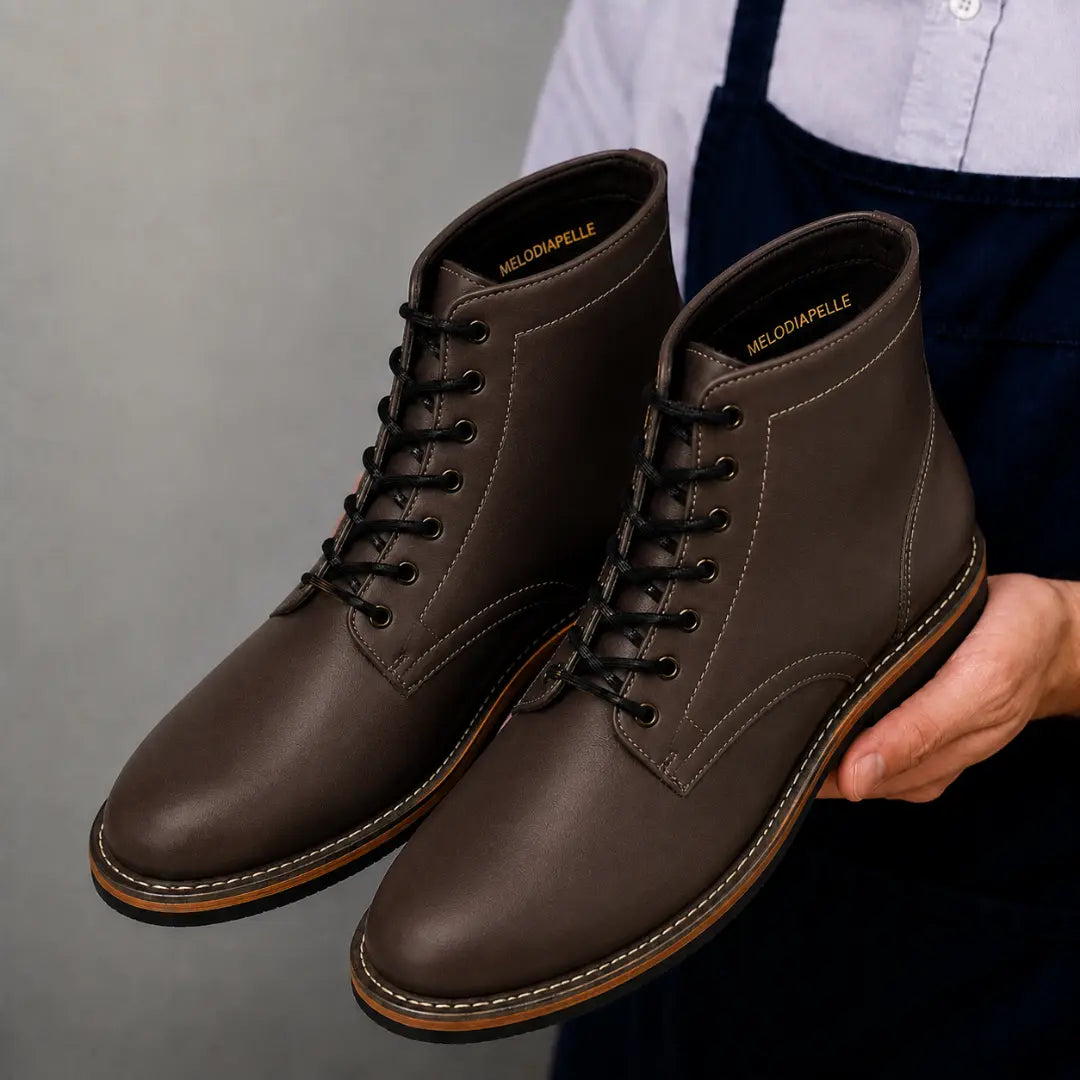 Man holding a pair of Melodiapelle Manila Plain Toe Boots in brown leather, close-up