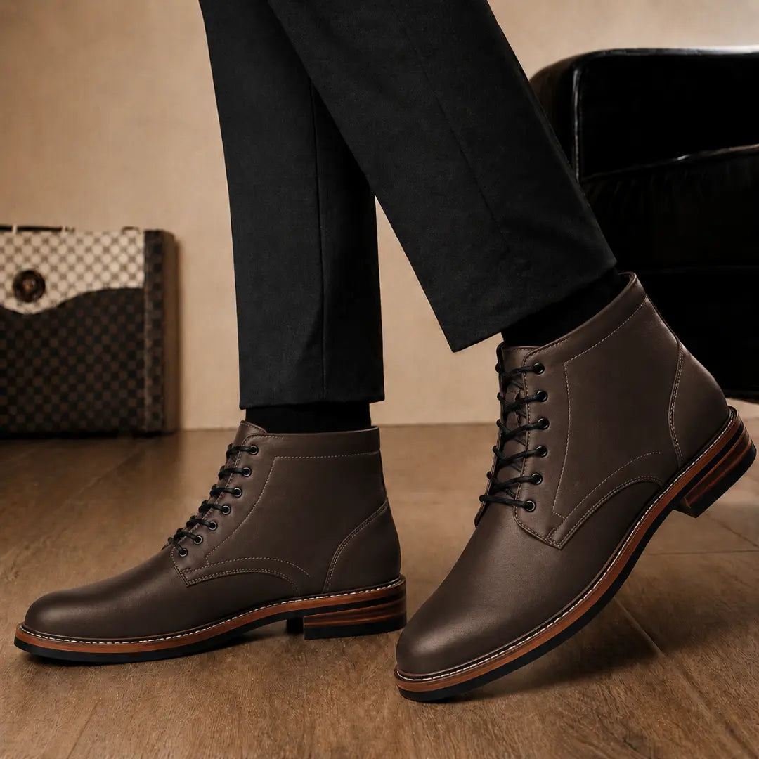 Melodiapelle Manila Plain Toe Boot in brown leather worn with trousers, on-feet shot