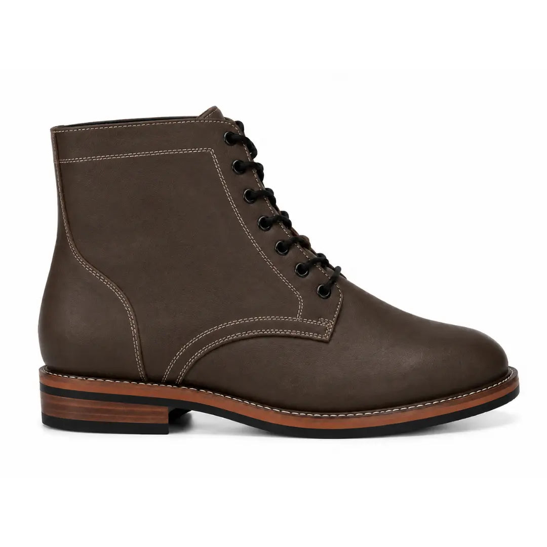 Side profile of the Manila Plain Toe Boot in brown leather on white background