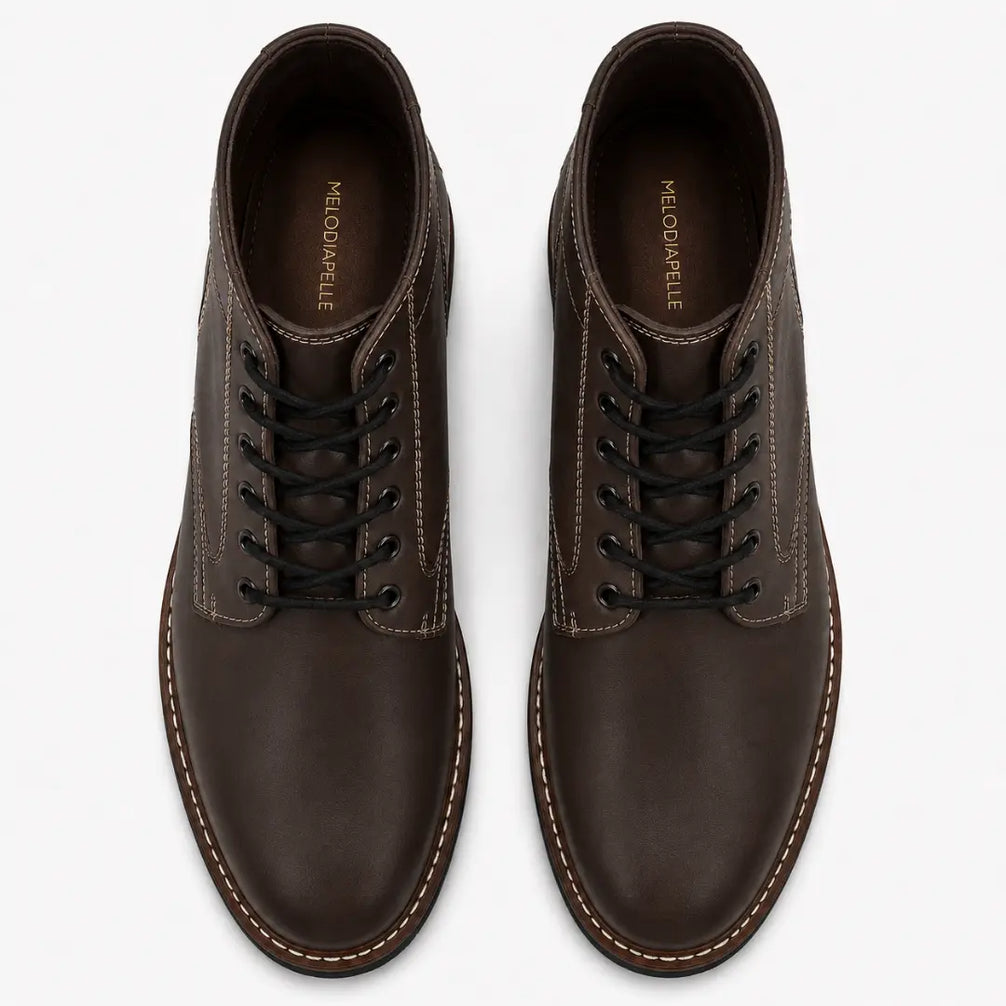 Melodiapelle Manila Plain Toe Boot in brown leather, pair top-down view, handcrafted in Agra