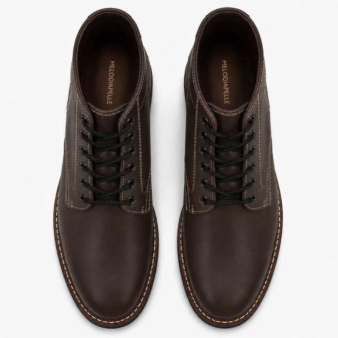 Melodiapelle Manila Plain Toe Boot in brown leather, pair top-down view, handcrafted in Agra