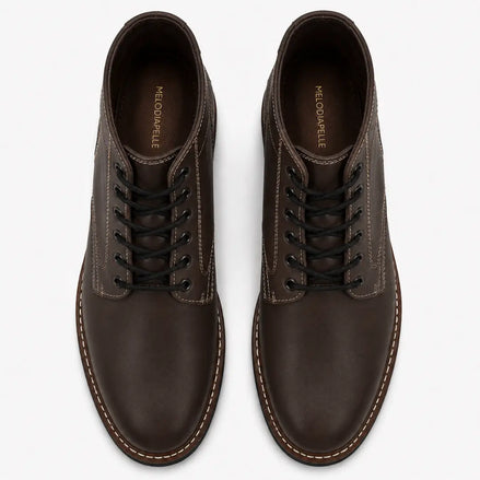 Melodiapelle Manila Plain Toe Boot in brown leather, pair top-down view, handcrafted in Agra