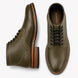 Olive green leather plain-toe boot, three-quarter angle showing heel and contrast stitching