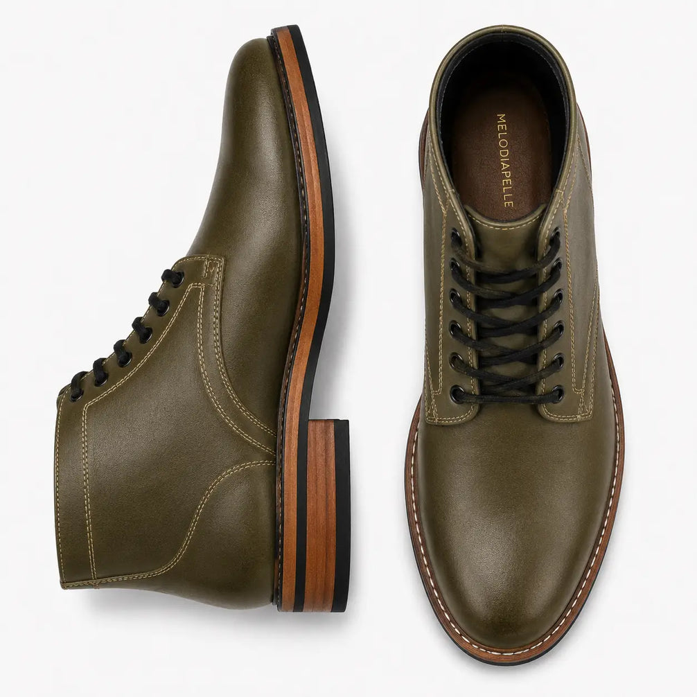 Olive green leather plain-toe boot, three-quarter angle showing heel and contrast stitching