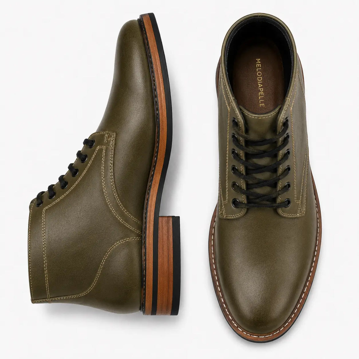 Olive green leather plain-toe boot, three-quarter angle showing heel and contrast stitching