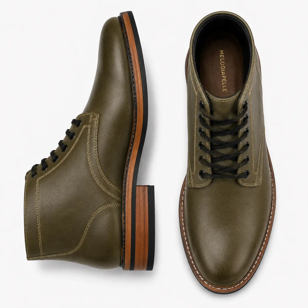 Olive green leather plain-toe boot, three-quarter angle showing heel and contrast stitching