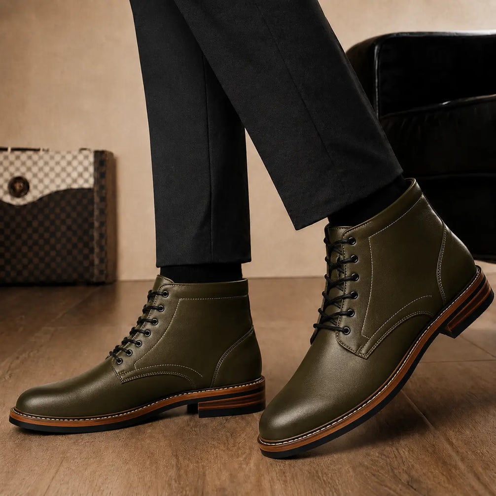 Melodiapelle Manila Plain Toe Boot in olive green leather worn with trousers, on-feet shot