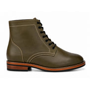 Side profile of the Manila Plain Toe Boot in olive green leather on white background