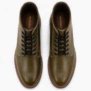 Melodiapelle Manila Plain Toe Boot in olive green leather, pair top-down view, handcrafted in Agra