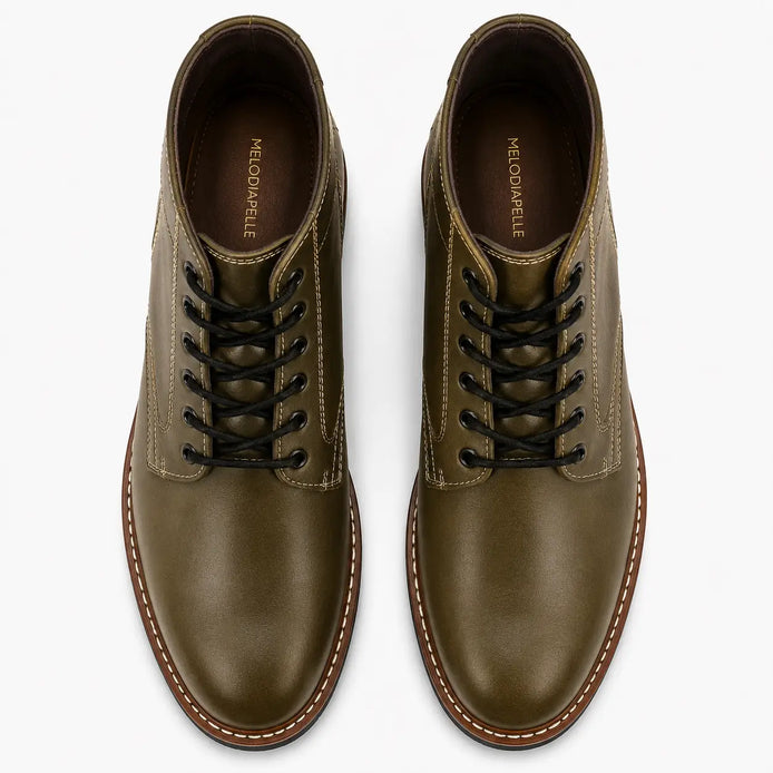 Melodiapelle Manila Plain Toe Boot in olive green leather, pair top-down view, handcrafted in Agra