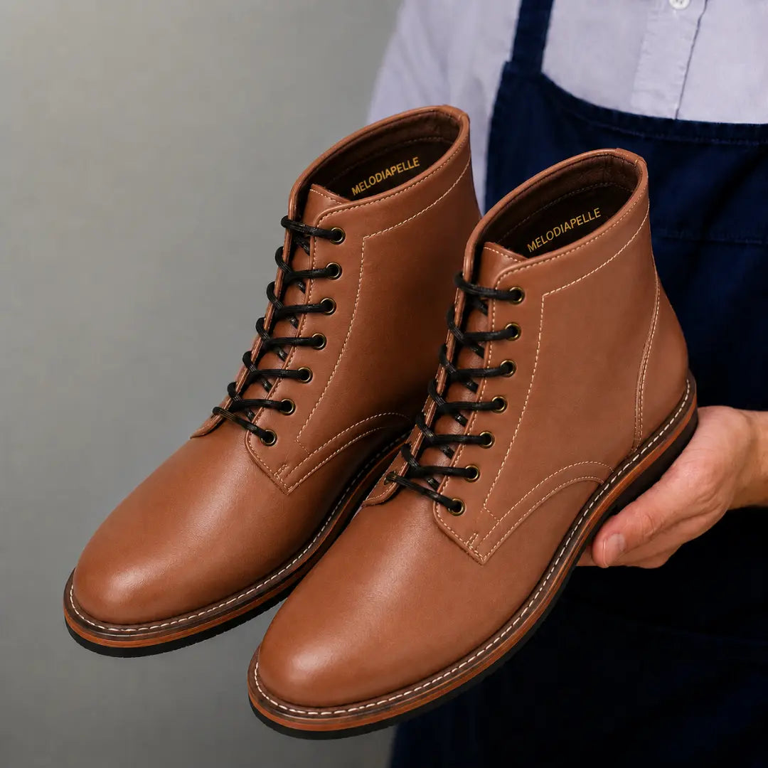 Man holding a pair of Melodiapelle Manila Plain Toe Boots in tan leather, close-up