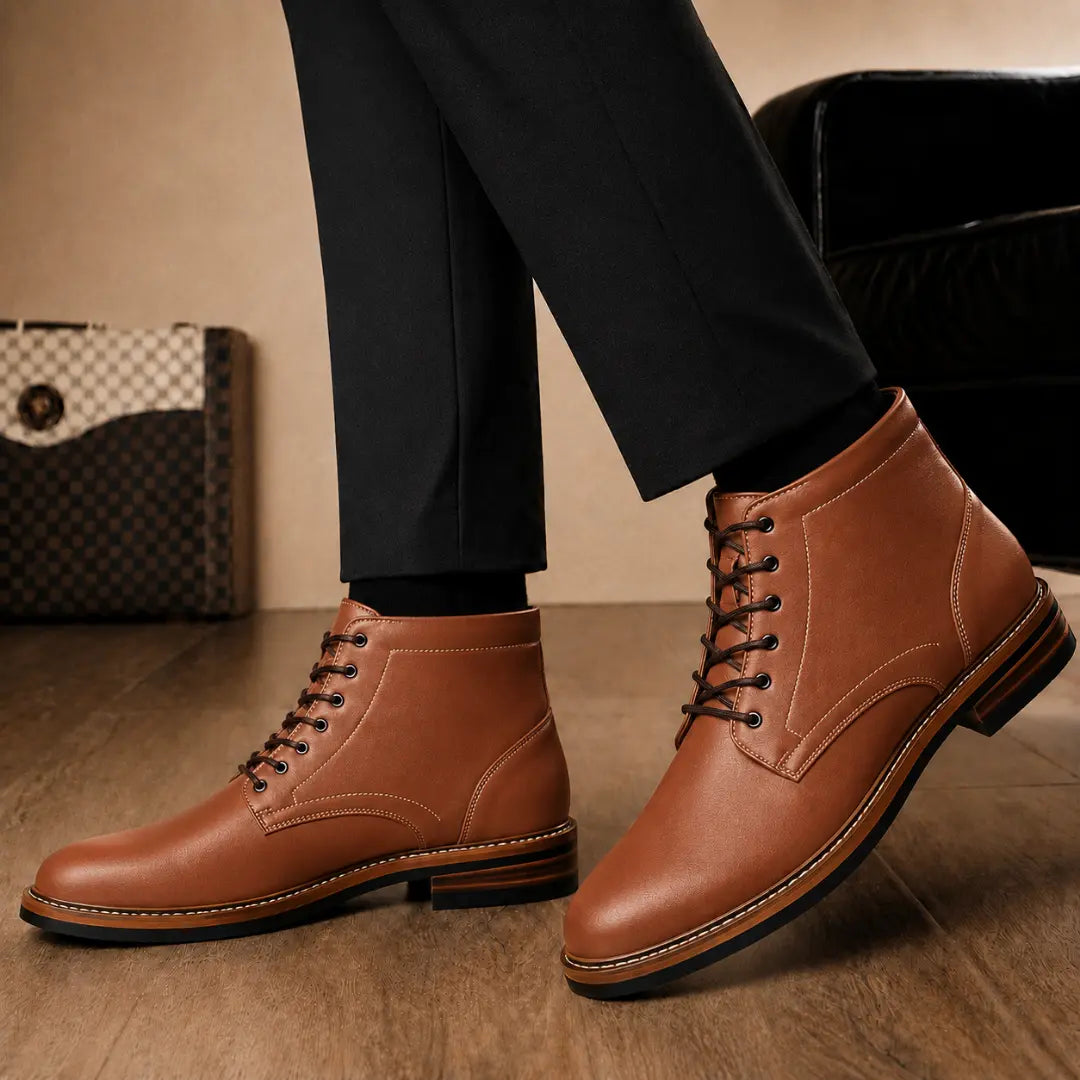 Melodiapelle Manila Plain Toe Boot in tan leather worn with trousers, on-feet shot
