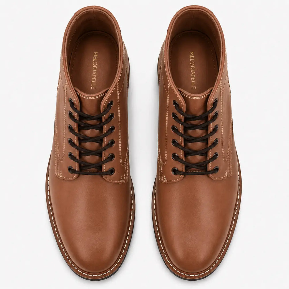 Melodiapelle Manila Plain Toe Boot in tan leather, pair top-down view, handcrafted in Agra