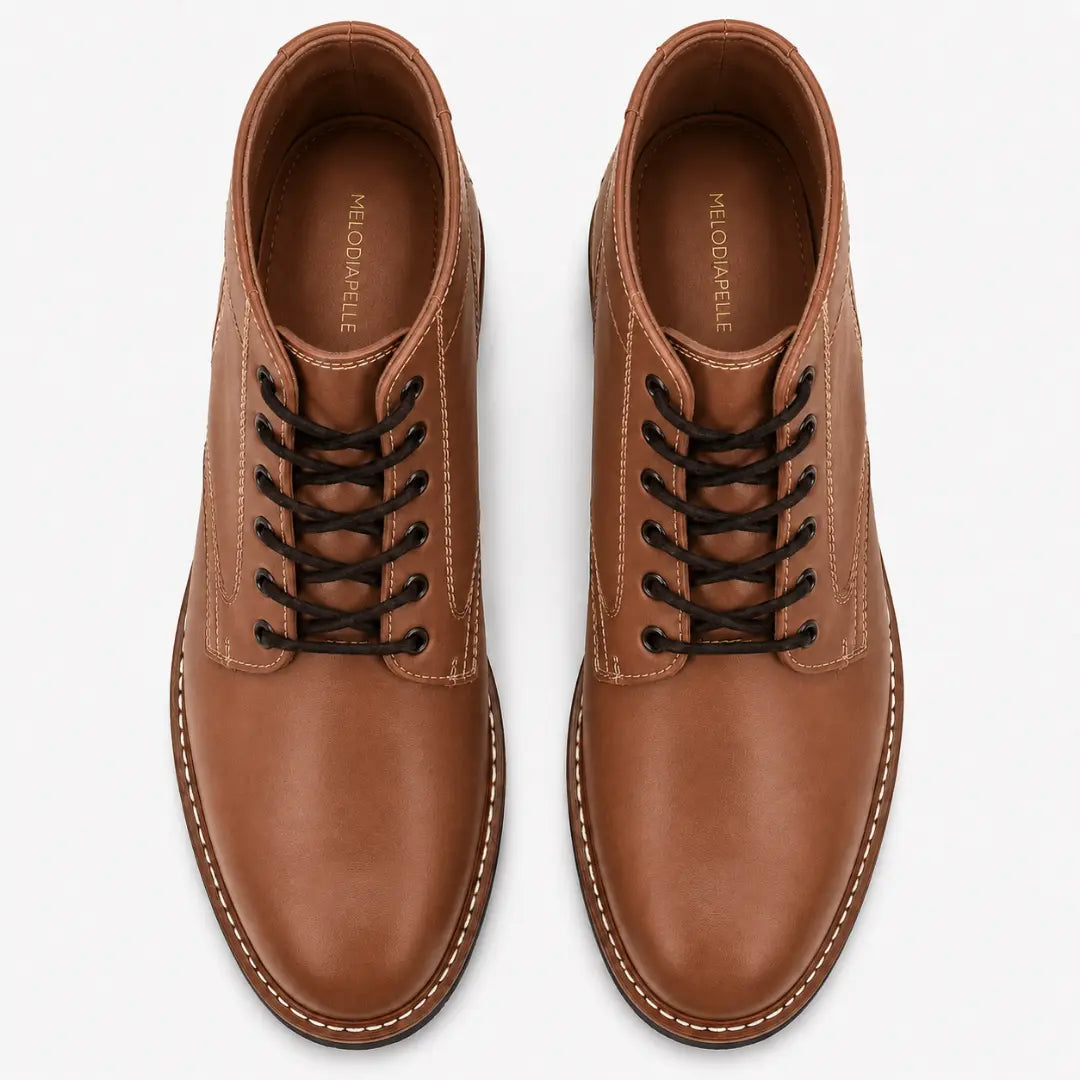 Melodiapelle Manila Plain Toe Boot in tan leather, pair top-down view, handcrafted in Agra