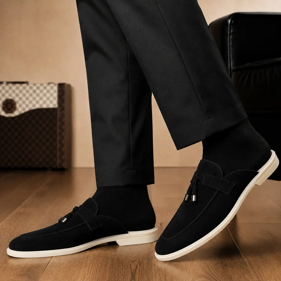 Melodiapelle Manni Mule in black suede worn with trousers, on-feet shot