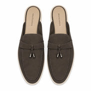 Melodiapelle Manni Mule in dark brown suede, pair top-down view, handcrafted in Agra