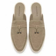 Melodiapelle Manni Mule in sand beige suede, pair top-down view, handcrafted in Agra