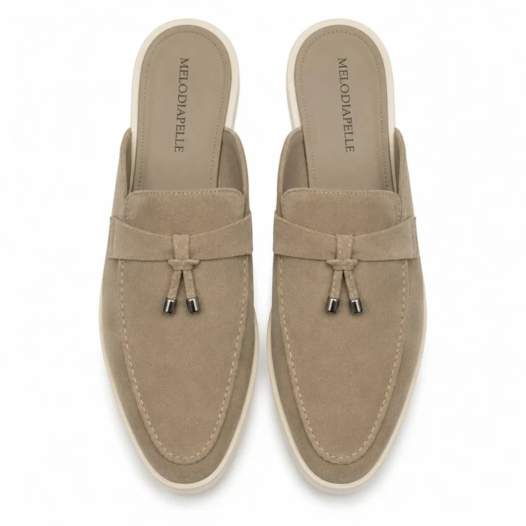 Melodiapelle Manni Mule in sand beige suede, pair top-down view, handcrafted in Agra