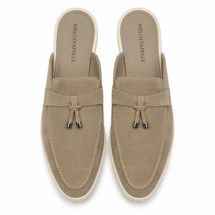 Melodiapelle Manni Mule in sand beige suede, pair top-down view, handcrafted in Agra