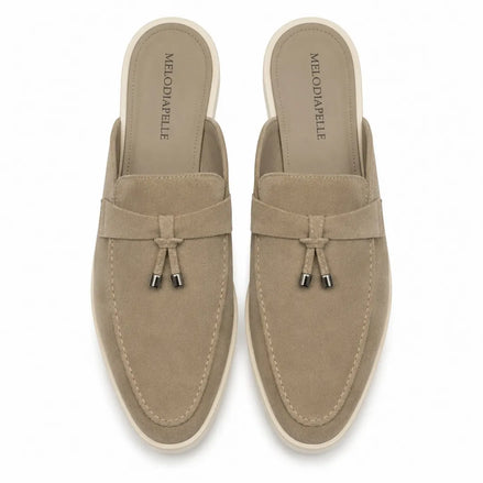 Melodiapelle Manni Mule in sand beige suede, pair top-down view, handcrafted in Agra