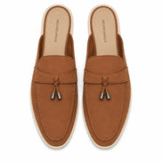 Melodiapelle Manni Mule in tan rust suede, pair top-down view, handcrafted in Agra