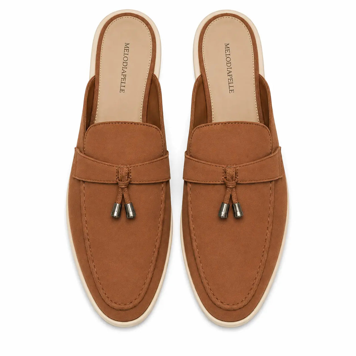 Melodiapelle Manni Mule in tan rust suede, pair top-down view, handcrafted in Agra
