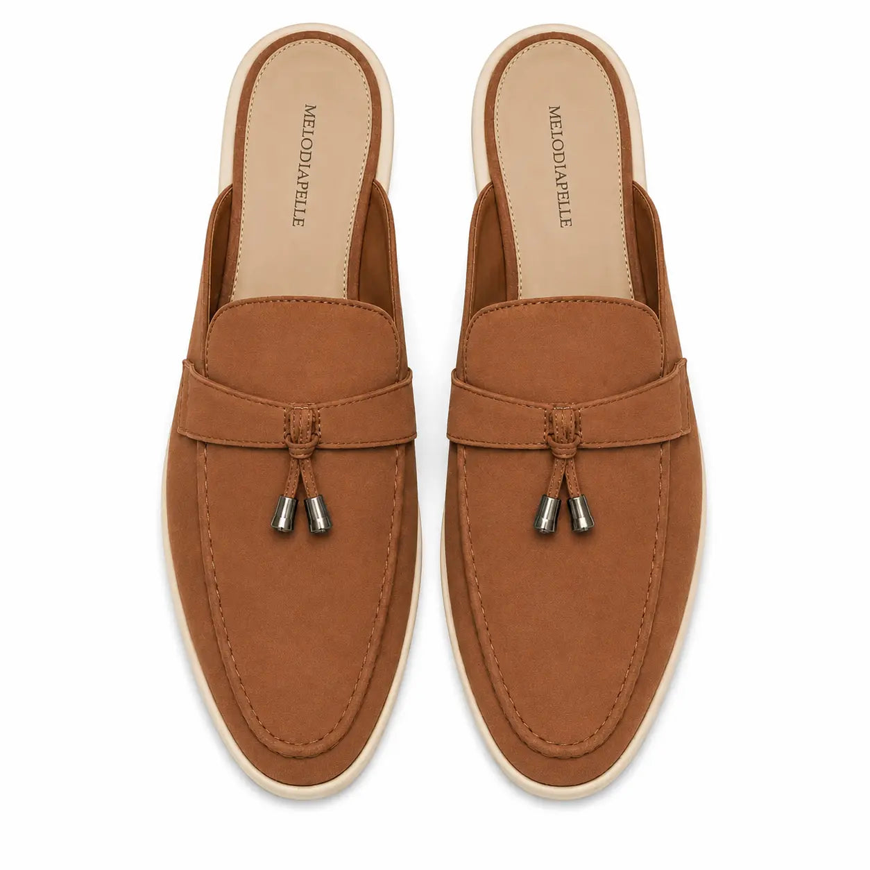 Melodiapelle Manni Mule in tan rust suede, pair top-down view, handcrafted in Agra