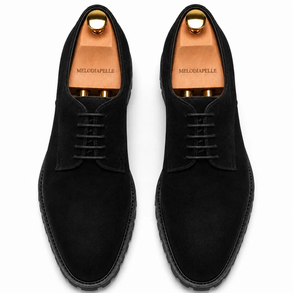 Melodiapelle Mansfield Classy Derby in black suede, pair top-down view, handcrafted in Agra