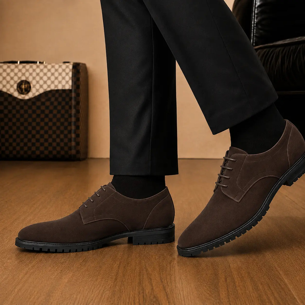 Melodiapelle Mansfield Classy Derby in dark brown suede worn with formal trousers, on-feet shot