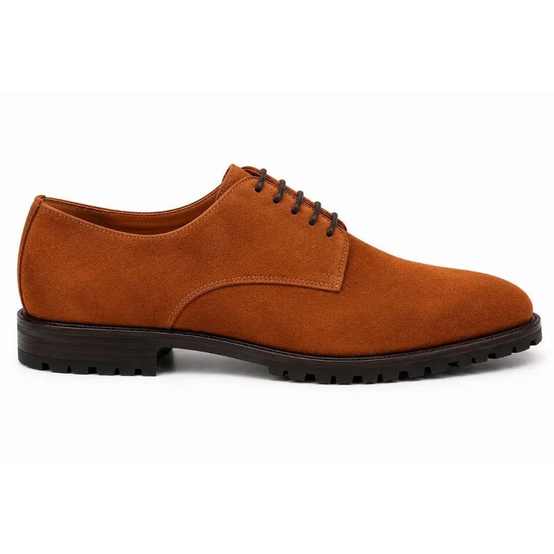 Side profile of the Mansfield Classy Derby in rust tan suede on white background