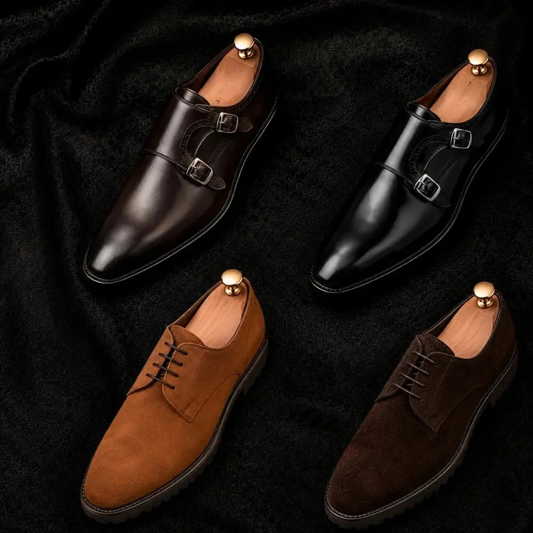 Melodiapelle Mansfield Classy Derby collection in rust tan, black and dark brown suede, handcrafted plain-toe Derby shoes displayed together