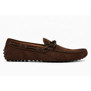 Side profile of the Mansfield Loafer in dark brown suede on white background