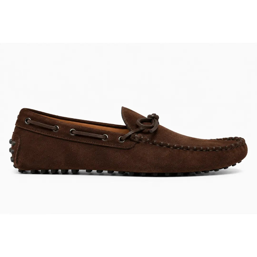 Side profile of the Mansfield Loafer in dark brown suede on white background
