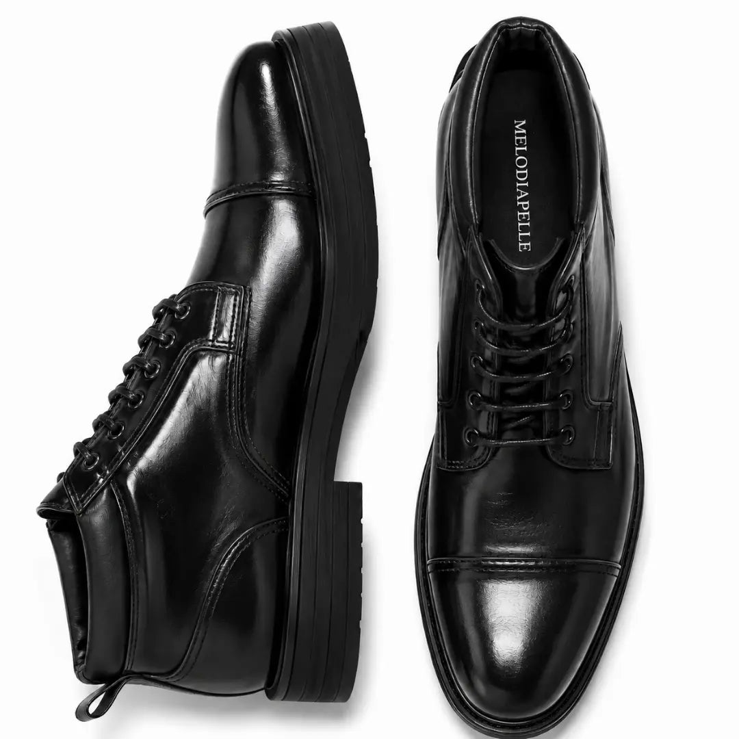 Black leather combat boot, three-quarter angle showing heel and sole detailing