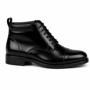 Side profile of the Manteca Combat Boot in black leather on white background