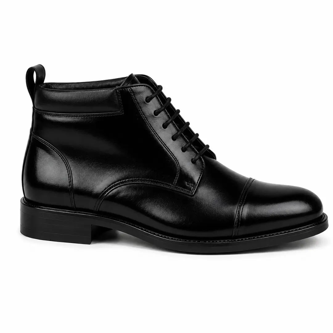 Side profile of the Manteca Combat Boot in black leather on white background