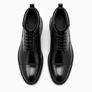 Melodiapelle Manteca Combat Boot in black leather, pair top-down view, handcrafted in Agra