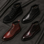Melodiapelle Manteca Combat Boot collection in burgundy, black, tan and brown leather, handcrafted cap-toe combat boots displayed together