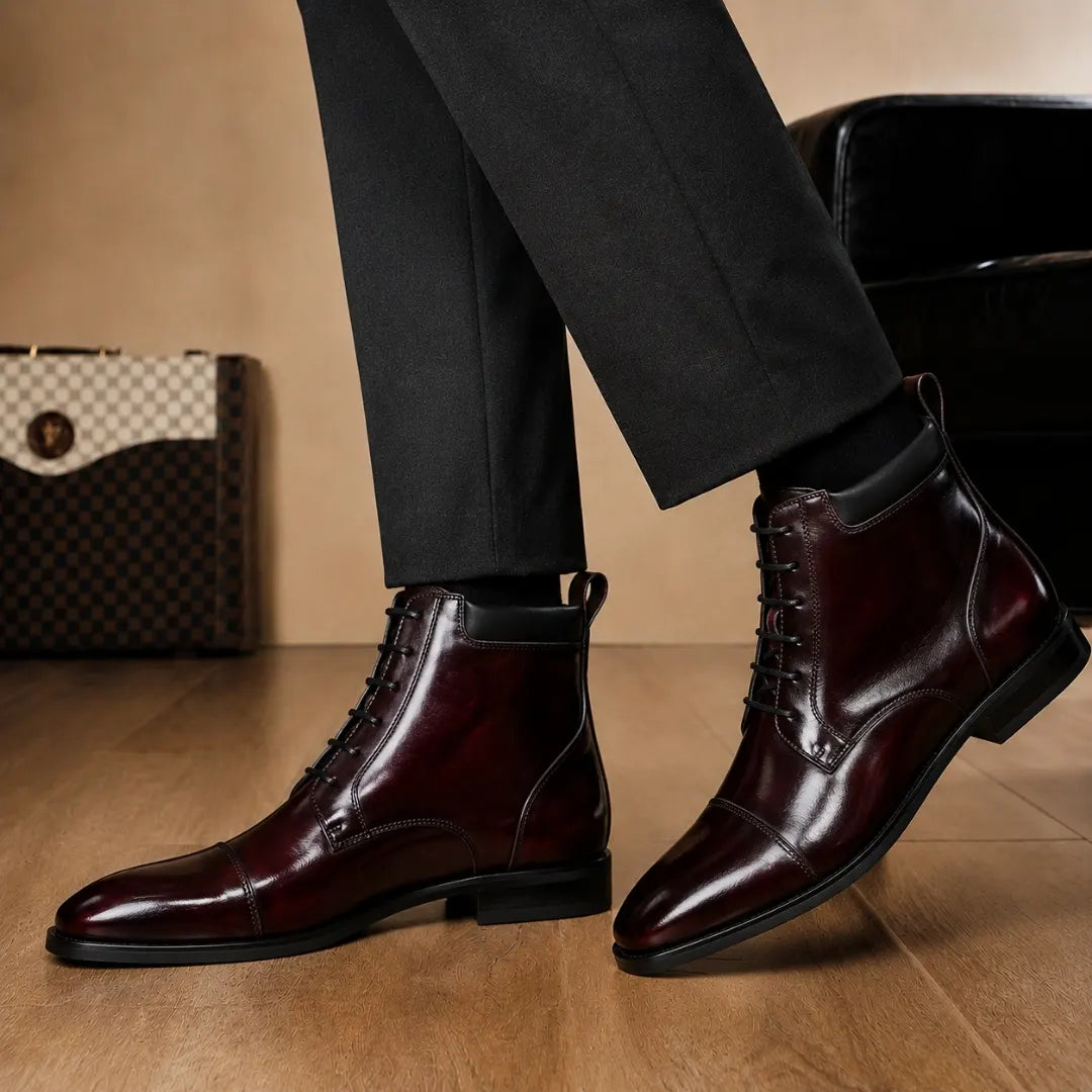 Melodiapelle Manteca Combat Boot in burgundy leather worn with trousers, on-feet shot