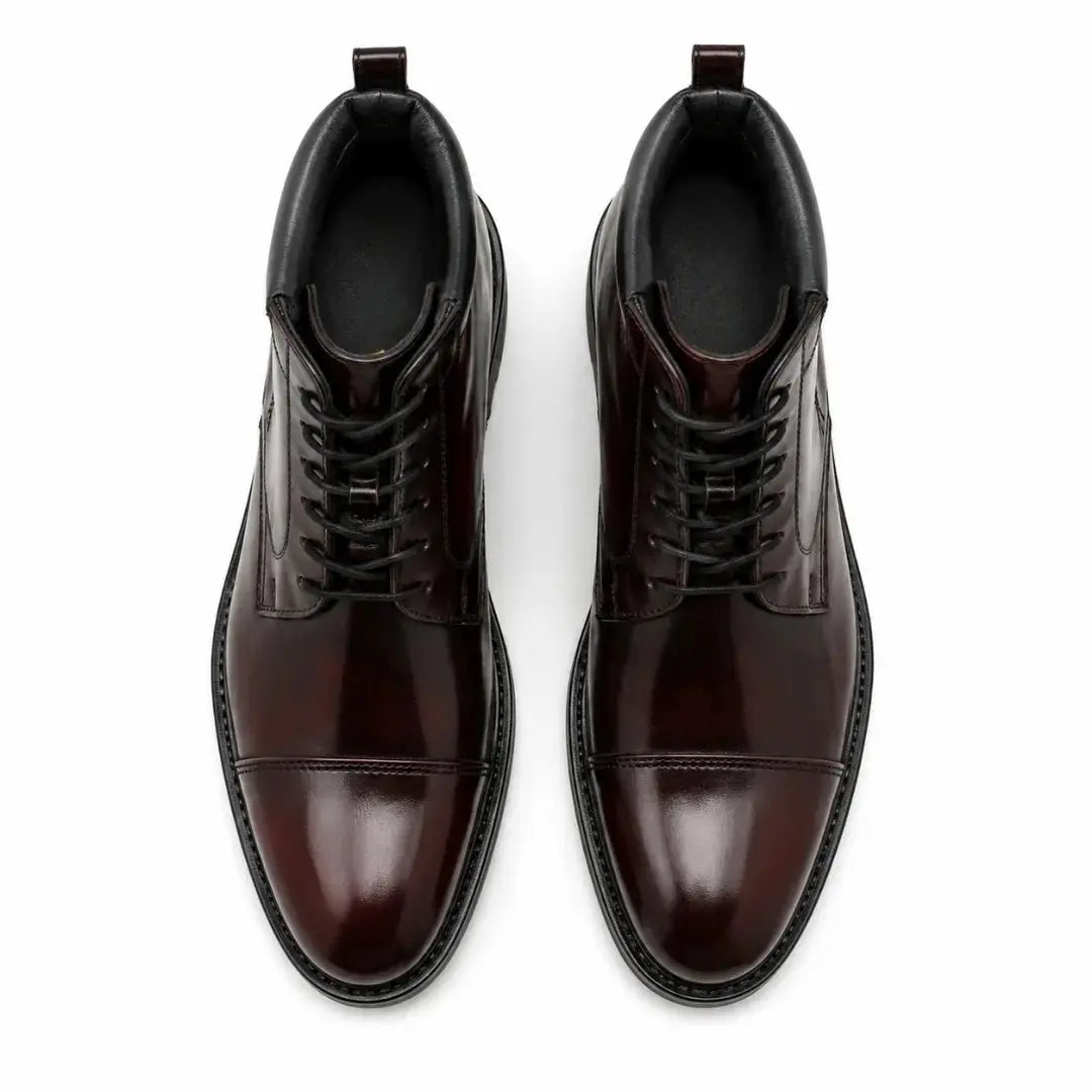 Melodiapelle Manteca Combat Boot in burgundy leather, pair top-down view, handcrafted in Agra
