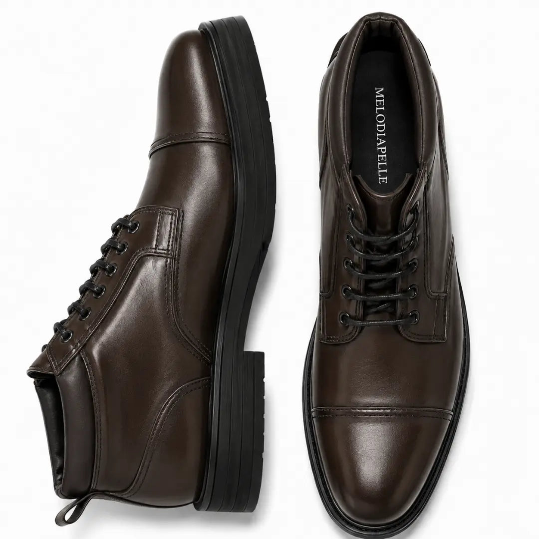 Dark brown leather combat boot, three-quarter angle showing heel and sole detailing