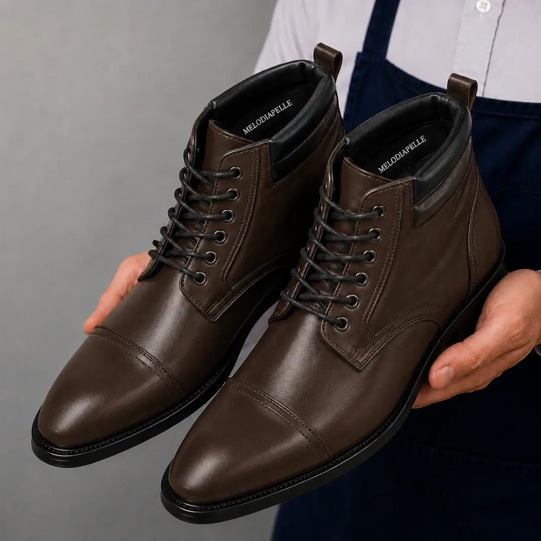 Man holding a pair of Melodiapelle Manteca Combat Boots in dark brown leather, close-up