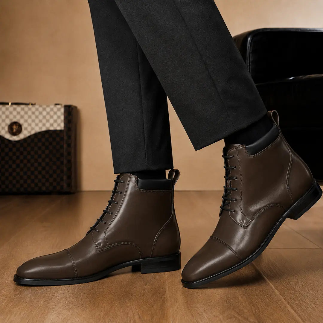 Melodiapelle Manteca Combat Boot in dark brown leather worn with trousers, on-feet shot
