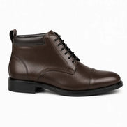 Side profile of the Manteca Combat Boot in dark brown leather on white background