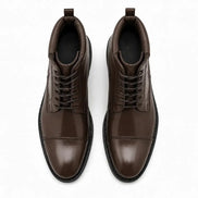 Melodiapelle Manteca Combat Boot in dark brown leather, pair top-down view, handcrafted in Agra