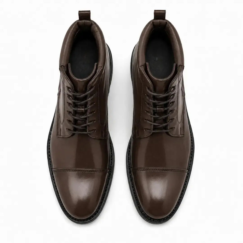 Melodiapelle Manteca Combat Boot in dark brown leather, pair top-down view, handcrafted in Agra